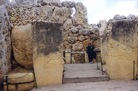 Pam on her 55th birthday entering Ggantija, Gozo, 1999, copyright Peter Palmquist