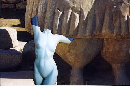  Bridgit at Tarxien with a duplicate of the large goddess statue, Malta, 1999 copyright Pam Mendelsohn